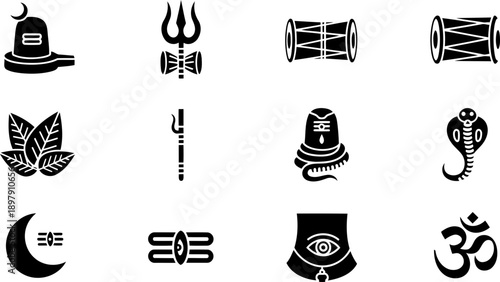Maha Shivaratri icons and symbols vector set for Hindu festival