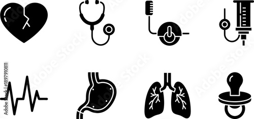 Congenital Heart Defect Awareness Week medical icons set, black and white vector illustration