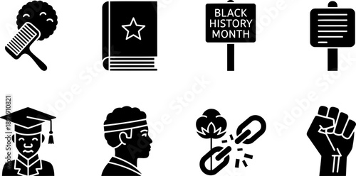 Black History Month icons set with diverse symbols