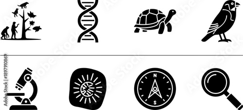 Darwin Day science and evolution icons collection in black and white