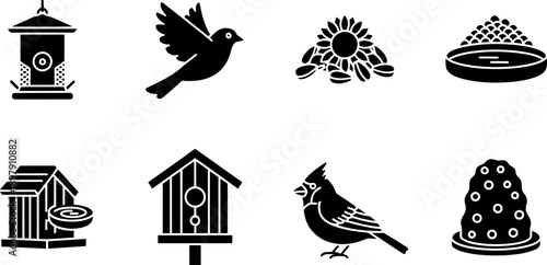National Bird Feeding Month icon set for avian care and nature themes