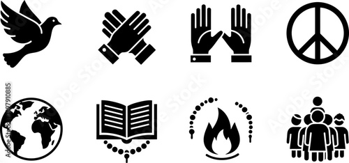 World Interfaith Harmony Week icons collection with dove and peace symbol