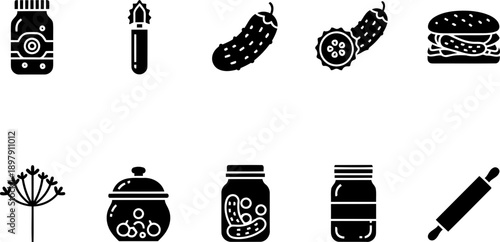 Pickle Time Week cooking and preservation icons in black and white vector