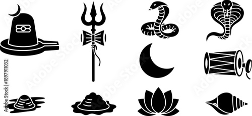 Maha Shivaratri Hindu symbols vector icons collection