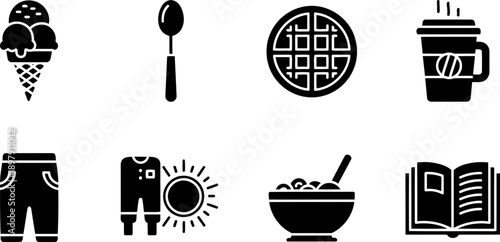 National Ice Cream for Breakfast Day icons set with waffle, coffee, and morning elements