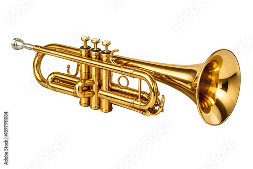 Shiny brass trumpet with silver accents on a black background isolated on transparent background.