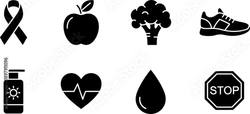 National Cancer Prevention Month health icons black and white vector