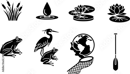 World Wetlands Day icons: nature, conservation, wildlife, water