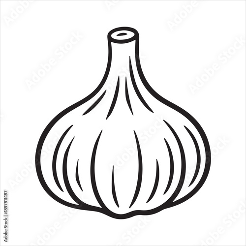 A simple black and white illustration of a whole garlic bulb