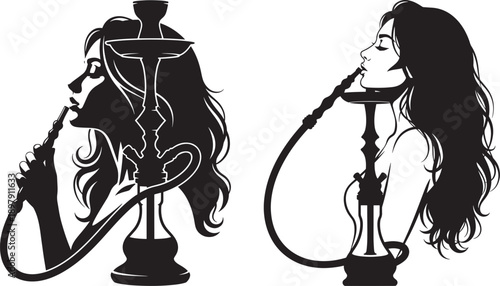Black and white silhouettes of women smoking hookahs, one in profile and one from the front.