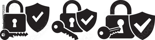 Icons of padlocks, shields, and keys in black and white, representing security and access.
