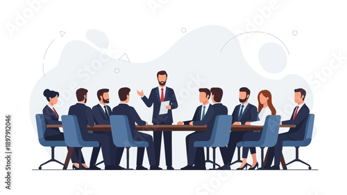 Business meeting in a modern boardroom with diverse professionals discussing strategy.