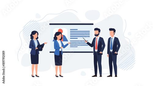 Business meeting: team presenting ideas on a whiteboard