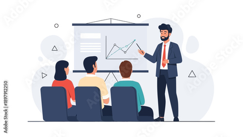 Business meeting presentation with financial graph on screen and audience