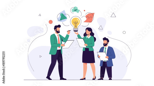 Teamwork and Innovation: Business People Brainstorming Ideas with Lightbulb