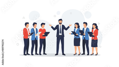 Confident leader addressing team, business meeting, teamwork, strategy, success