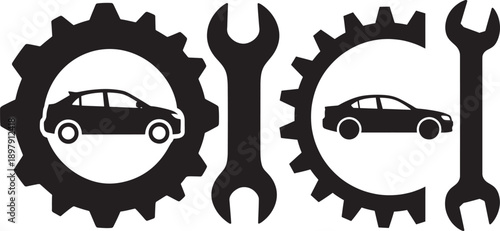 Black and white icons of cars within gears and wrenches, representing automotive service and mechanics.