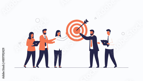 Business team achieving goals, hitting target with arrow, collaboration and success