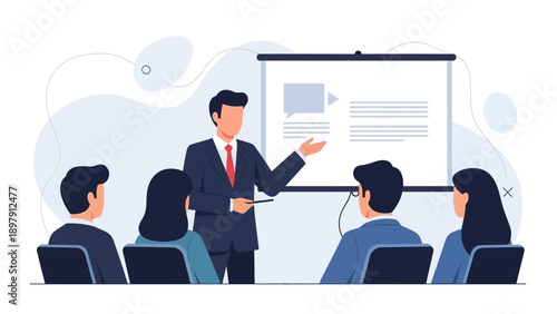 Business presentation with speaker and audience, flat design