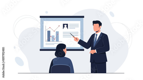 Business presentation: speaker pointing at chart on screen, audience member listening