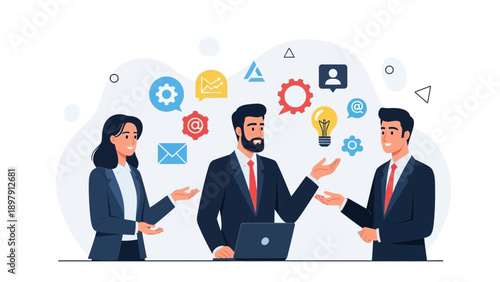 Business Team Collaboration Meeting Concept with Icons and Laptop