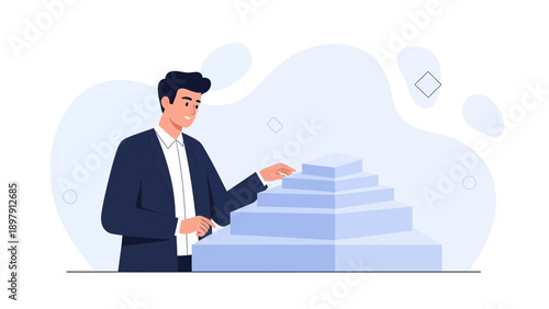 Businessman building a layered pyramid, concept of growth and strategy