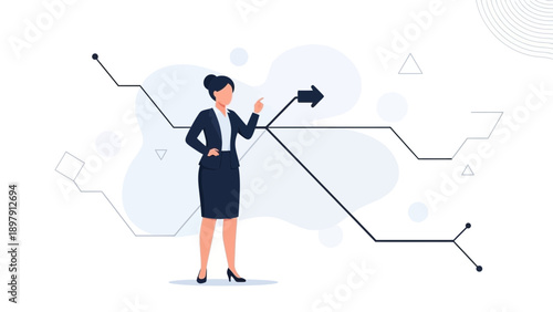 Businesswoman making a decision at a crossroads with a directional arrow