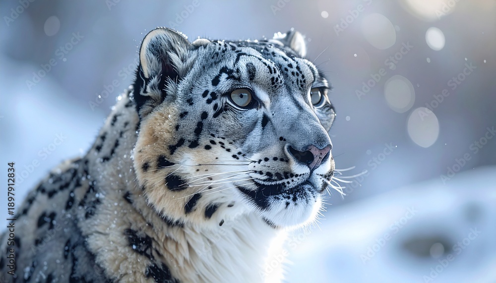 Obraz premium A close-up of a snow leopard, face in sharp focus, soft blurred background with natural bokeh, cold natural lighting, highly detailed fur, realistic, high resolution.
