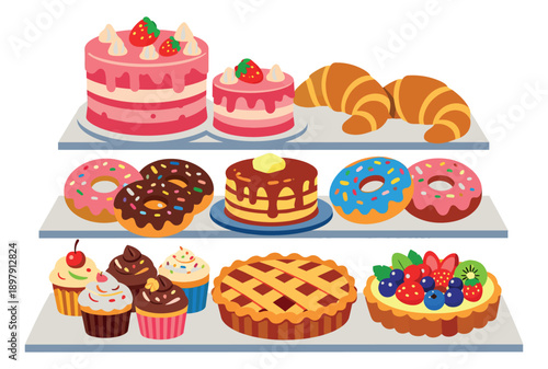 Colorful cartoon bakery items set featuring cakes, donuts, croissants, and pies displayed on shelves for a patisserie menu