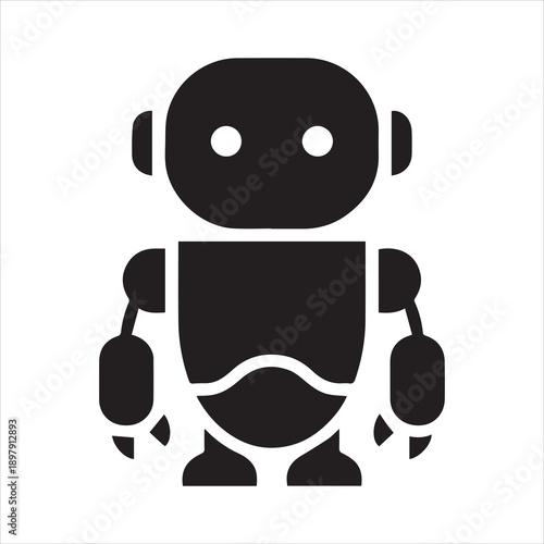 A black robot icon on a white background with a simple design