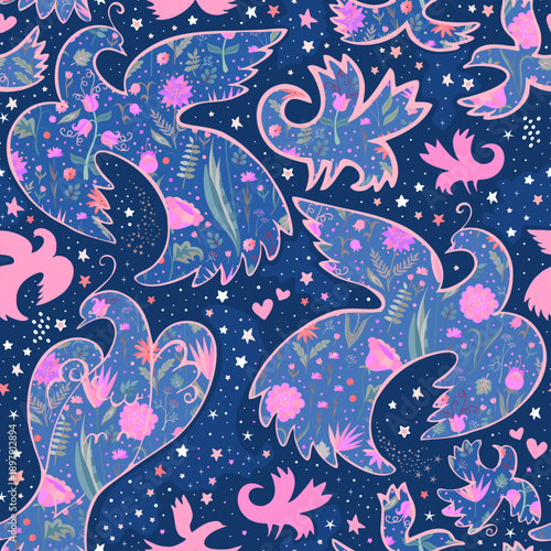 Night seamless pattern with bird filling by flowers and stars on dark blue ba...
