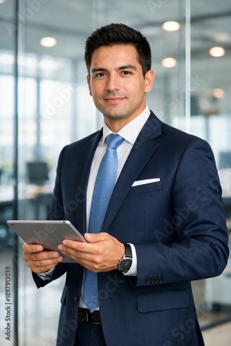 Portrait of adult professional business man holding digital tablet standing in company office.