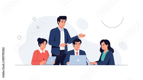 Business team meeting, leader presenting ideas to colleagues, modern flat illustration