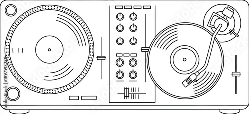 Turntable setup displays two platters and mixer.