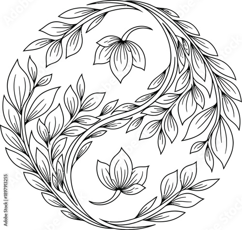Circular floral yin yang design in nature style.