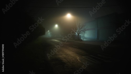 Foggy empty street at night with glowing streetlights, cinematic urban road covered in mist creating moody atmosphere and dramatic night scene
