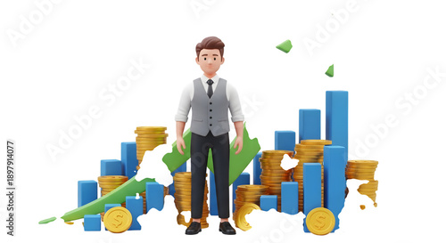 Businessman standing on a pile of gold coins isolated on transparent background