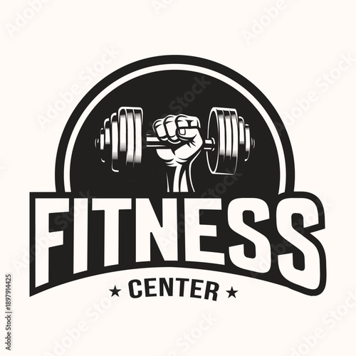 fitness center logo with dumbbell and hands holding weights illustration