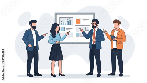 Team presenting business strategy and data on whiteboard