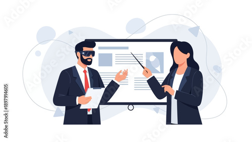 Business meeting with presentation, VR headset, and whiteboard