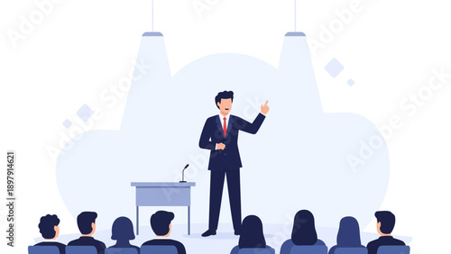 Businessman giving presentation on stage to audience, illustration