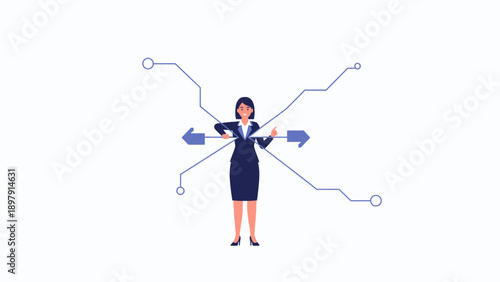 Businesswoman making decisions with multiple directions and options