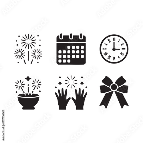 Minimalist New Year Vector Icon Set Fireworks, Clock, and Celebration Symbols