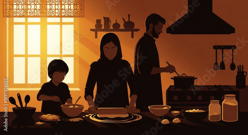 Family cooking together in warm kitchen at home with ingredients on counter