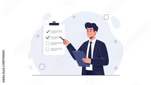 Businessman points to checklist on clipboard, planning, strategy, tasks, concept