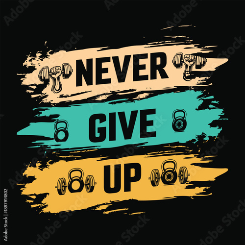 motivational fitness graphic with dumbbells and kettlebells and inspirational quote