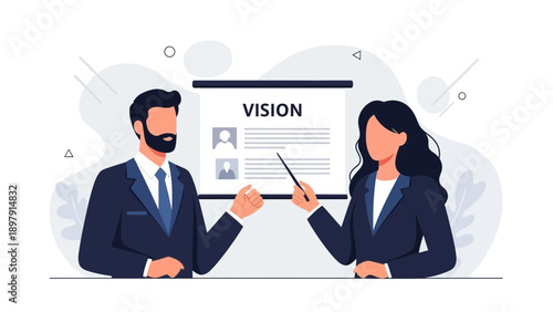 Business Team Presenting Company Vision and Strategy on Whiteboard