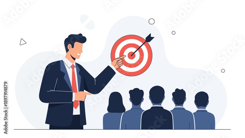 Businessman points to target with arrow, audience listening to presentation
