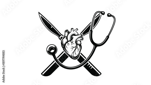Surgical and Cardiac Care Icon with Scalpel and Stethoscope for Clinical Procedure, Cardiology Services and Healthcare Finance Vector Illustration