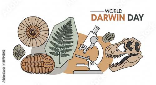 World darwin day illustration with microscope fossils and plants celebrating evolution and science